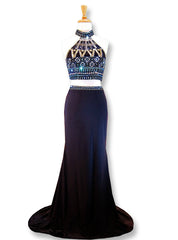 Mermaid High Neck Beaded Crystals Black Two Piece Prom Dress