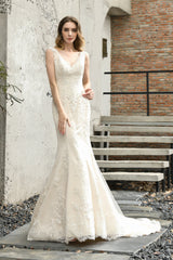 Wedding Dresses Costs, Mermaid Ivory V neck Lace Wedding Dresses with Ruffless Train