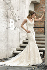 Wedding Dress Costs, Mermaid Ivory V neck Lace Wedding Dresses with Ruffless Train