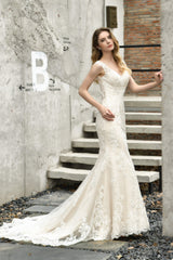 Wedding Dresses Cost, Mermaid Ivory V neck Lace Wedding Dresses with Ruffless Train