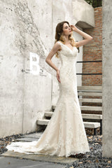 Wedding Dress Shoe, Mermaid Ivory V neck Lace Wedding Dresses with Ruffless Train