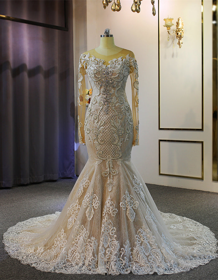 Mermaid Lace Long Sleeve Beading Wedding Dress