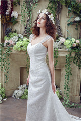 Wedding Dresses Pinterest, Mermaid Lace Sleeveless V-Neck Chapel Train Wedding Gowns