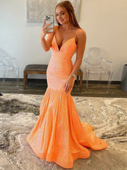 Mermaid Orange V Neck Sequins Prom Dress