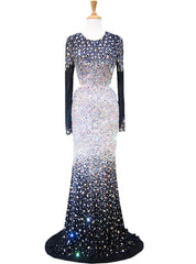 Mermaid Scoop Long Sleeve Beaded Crystals Floor Length Prom Dress