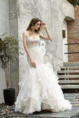 Wedding Dress Boutiques Near Me, Mermaid Sleeveless V-Neck Wedding Dresses Sweep Train Ruffles Beaded