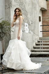 Wedding Dresse Boho, Mermaid Sleeveless V-Neck Wedding Dresses Sweep Train Ruffles Beaded