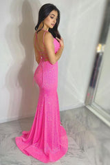 Mermaid Spaghetti Straps Hot Pink Long Prom Dress with Split Front