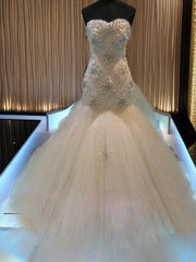 Wedding Dresses Fit, Mermaid Sweetheart Beading Chapel Train Tulle Wedding Dress