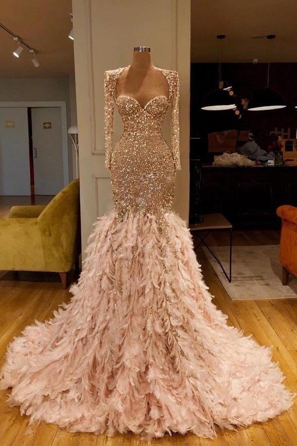 Mermaid Sweetheart Sequined Floor-length Long Sleeve With Feather Prom Dress