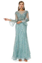 Homecomming Dress Long, Mermaid Tulle Beading Long Sleeve Prom Dresses