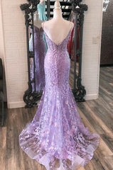 Mermaid V Neck Appliques Tulle Long Prom Dresses