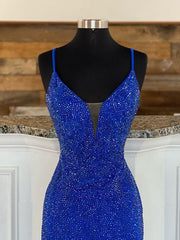 Mermaid V Neck Beaded Jersey Prom Dress with Slit