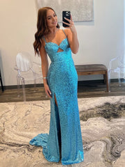 Mermaid V Neck Cutout Blue Long Prom Dress