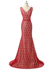 Mermaid V Neck Floor Length Red Lace Mother Of The Bride Dresses