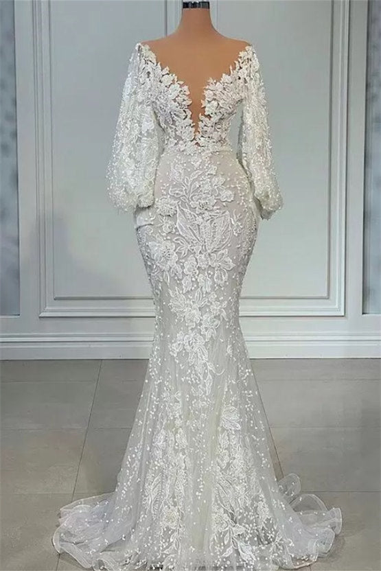 Mermaid V-neck Lace Floor-length Long Sleeve Applique Beaded Wedding Dress