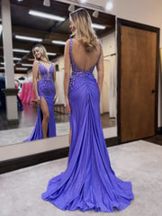 Mermaid V Neck Purple Satin Long Prom Dresses with Beading