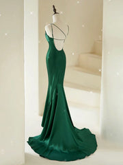 Mermaid V Neck Satin Green Long Prom Dress, Green Satin Long Formal Dress