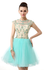 Party Dress Long Sleeve, Mint Green Beaded Short Homecoming Dresses