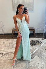 Mint Green Spaghetti Straps Sequins Mermaid Long Prom Dresses With Split