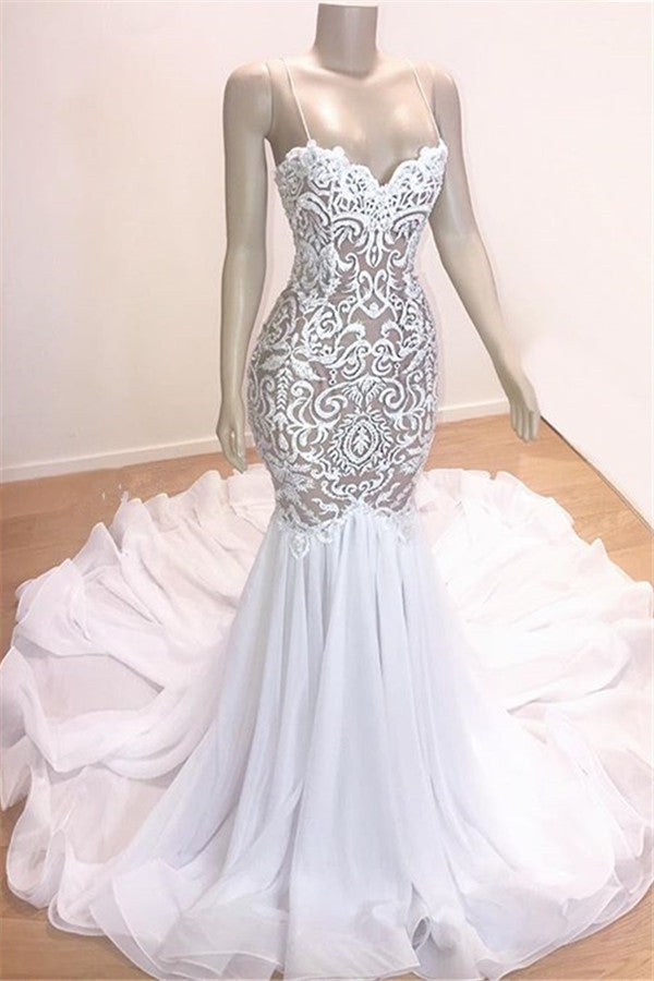 Wedding Dresses Rustic, Modern Straps Mermaid Appliques Wedding Dresses Ruffless Bridal Gown