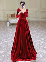 Modest A Line Long Sleeves Red Satin Evening Dress Prom Dresses