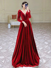 Modest A Line Long Sleeves Red Satin Evening Dress Prom Dresses