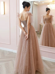 Modest A Line Spaghetti Straps Tulle Pink Evening Dress Prom Dresses