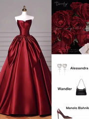 Modest Ball Gown Strapless Burgundy Satin Floor Length Evening Dress Prom Dresses