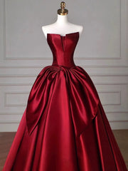 Modest Ball Gown Strapless Burgundy Satin Floor Length Evening Dress Prom Dresses