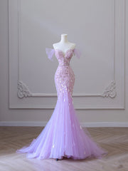 Modest Mermaid Off The Shoulder Lilac Tulle Flowers Evening Dress Long Prom Dresses