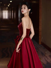 Modest Mermaid Sweetheart Burgundy Floor Length Evening Dress Sequin Prom Dresses