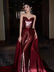 Modest Mermaid Sweetheart Burgundy Floor Length Evening Dress Sequin Prom Dresses