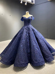 Navy Blue Ball Gown Lace Off the Shoulder Prom Dress