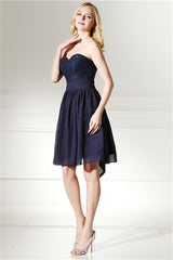 Black Tie Wedding Guest Dress, Navy Blue Chiffon Sweetheart Lace Beading Short Homecoming Dresses