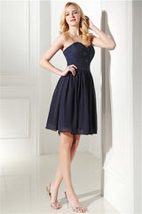 Ethereal Dress, Navy Blue Chiffon Sweetheart Lace Beading Short Homecoming Dresses