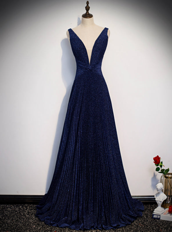 Navy Blue Deep V-neck Backless Pleats Prom Dress