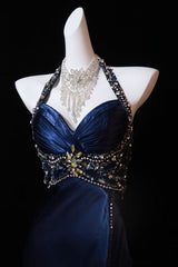 Navy Blue Halter Beaded Prom Dress Long Evening Dress