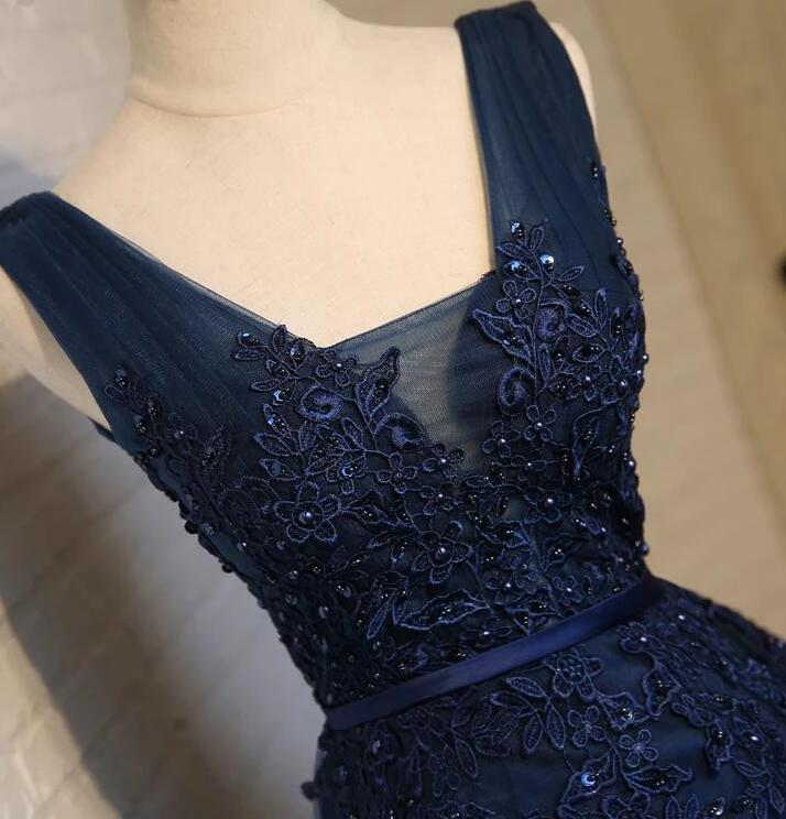 Formal Dresses For Teens, Navy Blue Knee Length Homecoming Dresses, V-neckline Short Formal Dresses