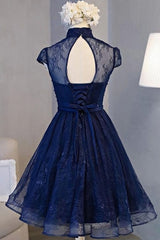 Prom Dress Blue, Navy Blue Knee Length Lace Party Dress, Homecoming Dress