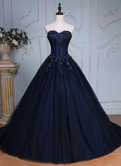 Party Dresses Summer, Navy Blue Lace Applique Tulle Long Party Dress, Blue Formal Gown