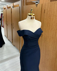 Navy Blue Mermaid Spandex Off Shoulder Party Dress, Navy Blue Prom Dress