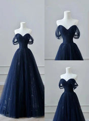 Navy Blue Prom Dress Tulle Off Shoulder Sweetheart Party Dress