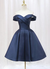 Prom Dresses 2023 Cheap, Navy Blue Satin Off Shoulder Knee Length Party Dress, Navy Blue Homecoming Dress