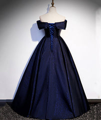 Bridesmaid Dresses In Store, Navy Blue Satin Off Shoulder Long Prom Dress, Blue A-line Formal Dress, Evening Dress