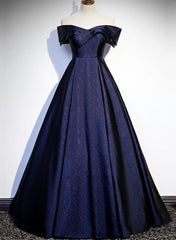 Bridesmaid Dress Websites, Navy Blue Satin Off Shoulder Long Prom Dress, Blue A-line Formal Dress, Evening Dress