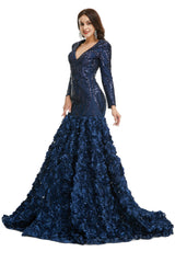 Black Tie Wedding, Sequins Mermaid Long V Neck Prom Dresses Full Sleeve