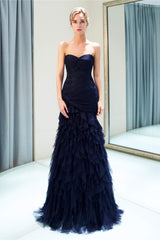 Vacation Dress, Navy Blue Sheath Sweetheart Strapless Draped Tulle Pleats Prom Dresses