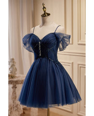 Navy Blue Short Tulle Homecoming Prom Dress with Beadings