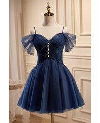 Navy Blue Short Tulle Homecoming Prom Dress with Beadings